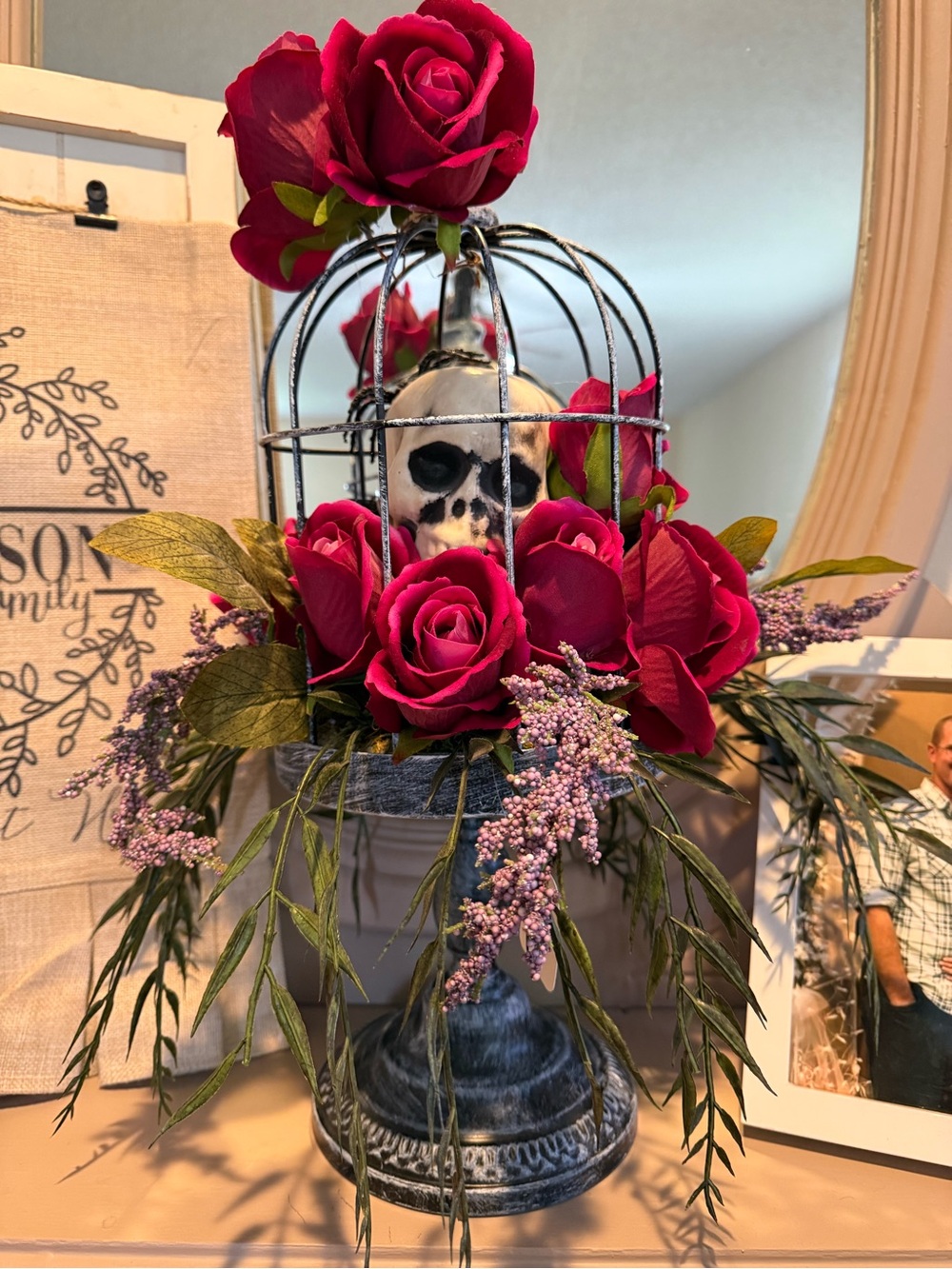 Martha Stewart 19’ Skull In Bird Cage with Dark Red Roses New With Tags